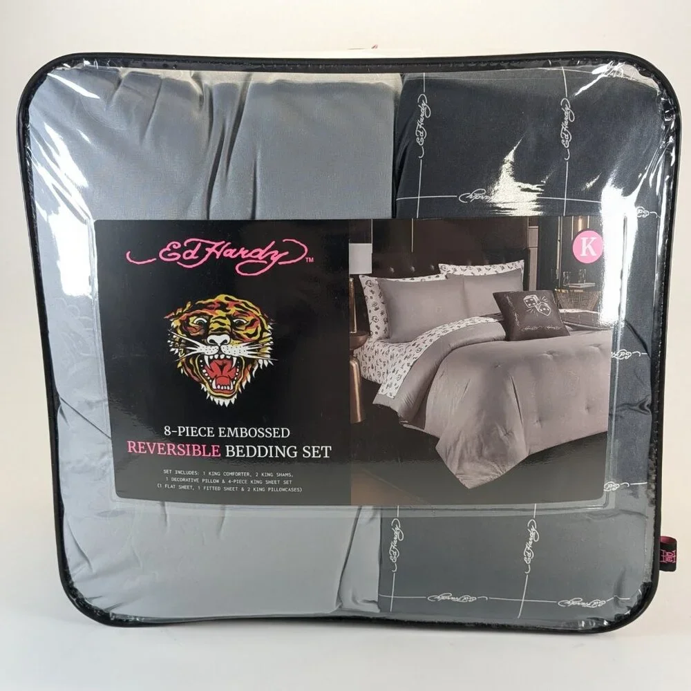 Ed Hardy King Cards Dice Skull Gray White Comforter Set Shams, Pillow, Sheets